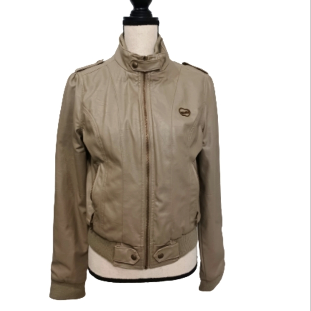 Apple Bottoms Faux Leather Bomber Jacket Sz Large Tan Color